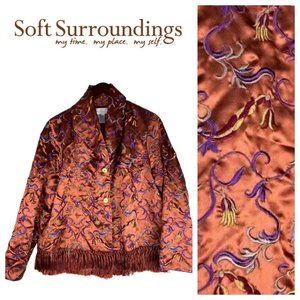 Soft Surroundings Large Jacket Coat Kimono Copper Fringe Embroidered Asian Satin